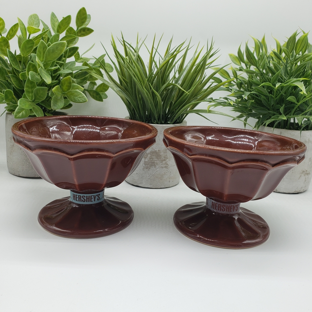 Hershey's Chocolate Vintage Set of 2 Brown Ceramic Sundae Dessert Bowls - Picture 6 of 9
